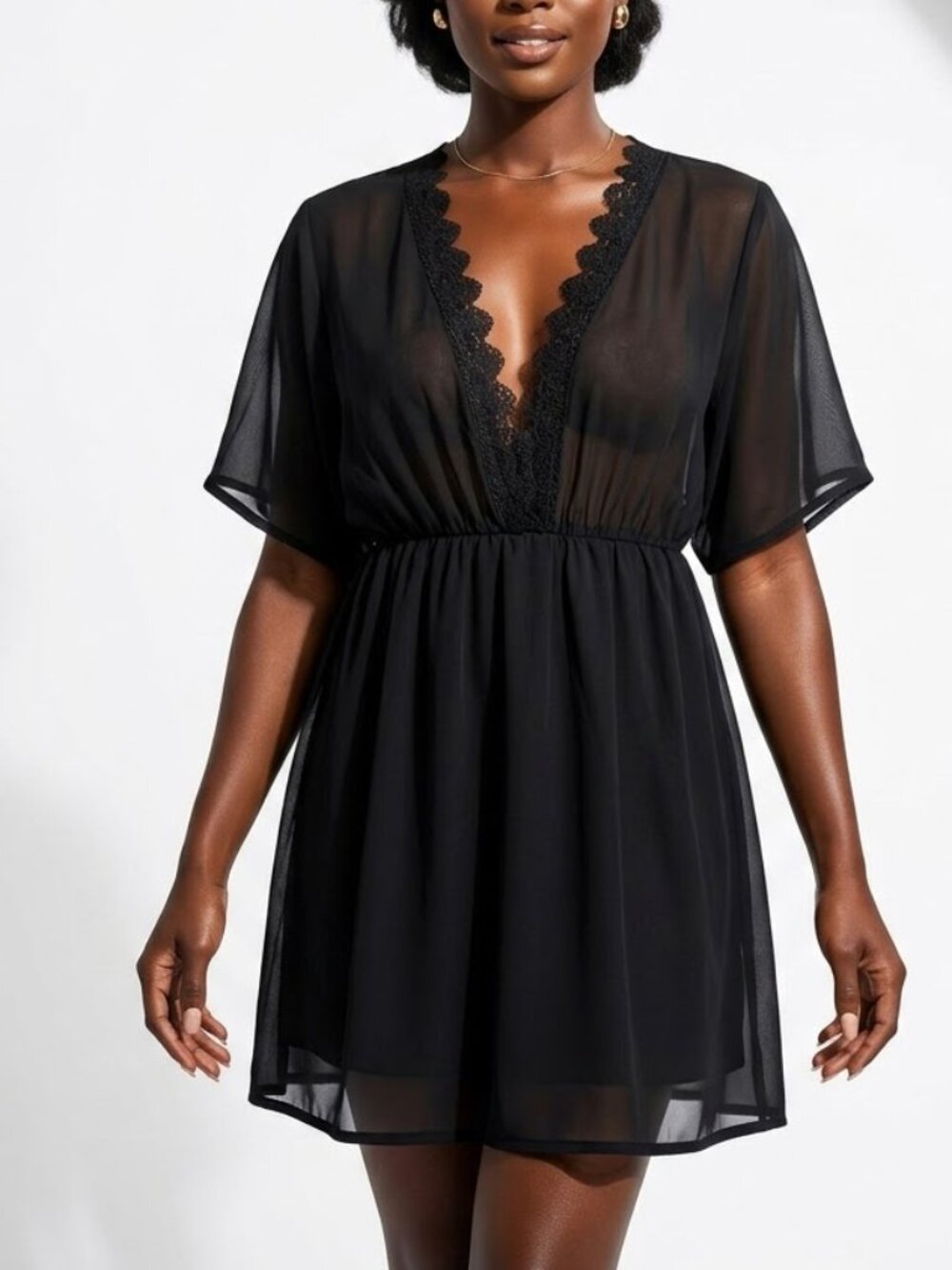 NWT Romwe Black Chiffon Lace Trim Deep V-Neck Tunic Mini Dress S Goth Cottage